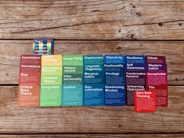 A photo of colorful cards with descriptions such as assimilation, zero-sum thinking, and so on.